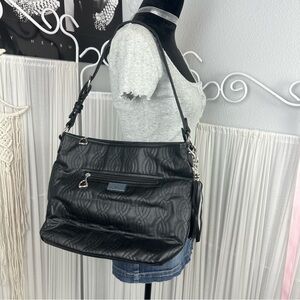 Elegant Bella Russo quilted black faux leather adjustable shoulder bag / purse